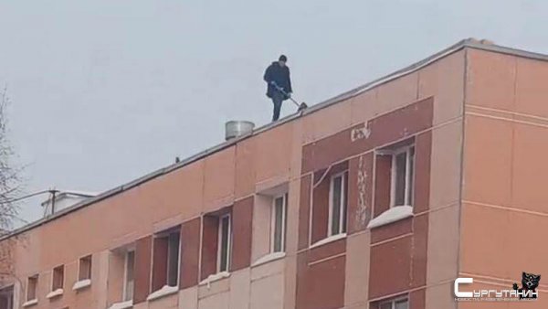 Рисковый парень. Дворник в Сургуте чистит снег на крышах без страховки